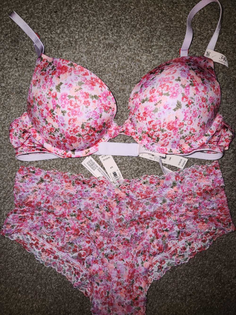NWT Victoria's Secret Pink Floral Lace Push-Up Bra 34B & Lace Panty Size S